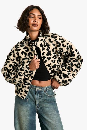 Tall Boxy Leopard Print Teddy Bomber Jacket leopard