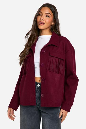 Fringe Detail Wool Look Shacket wine