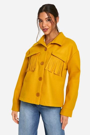 Fringe Detail Wool Look Shacket mustard