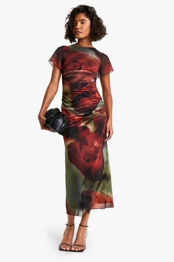 Tall Bold Floral Ruched Drape Midaxi Dress black