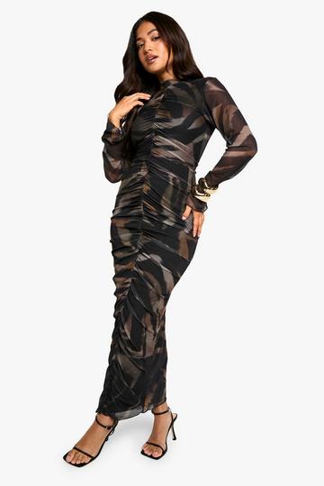 Petite Abstract Ruched Mesh MaxiDress black