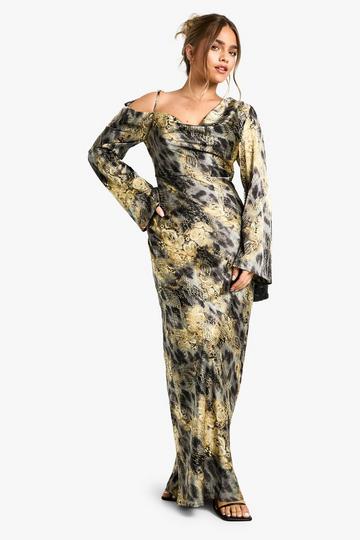 Petite Drape Shoulder Abstract Animal Maxi Dress charcoal