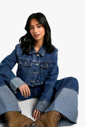 Petite Turn Cuff Crop Denim Jacket blue