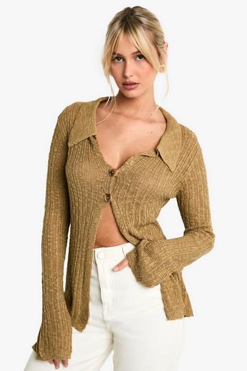 Crochet Collared Textured Cardigan stone