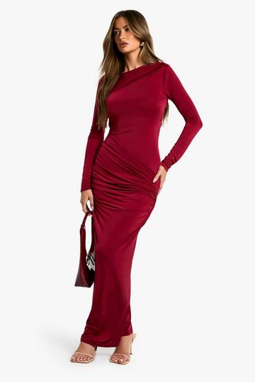 Strakke Geplooide Geplooide Maxi Jurk Met Open Rug plum