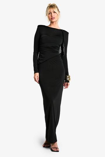 Shoulder Pad Ruched Drape Slinky Maxi Dress black