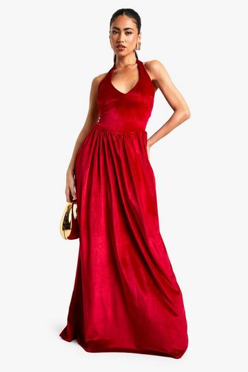 Red Velvet Milkmaid Scoop Neck Maxi Dress