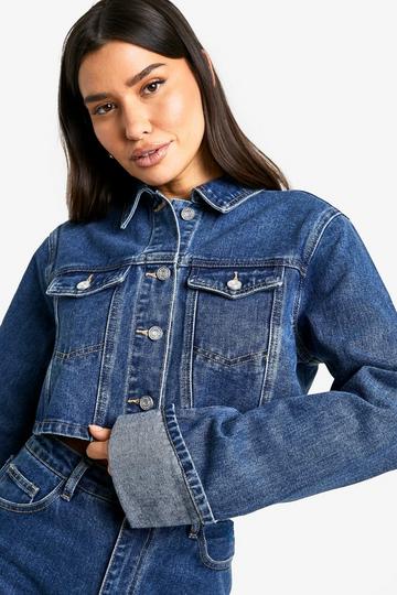 Blue Tall Turn Cuff Crop Denim Jacket