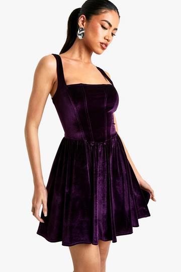 Velvet Milkmaid Square Neck Mini Dress plum