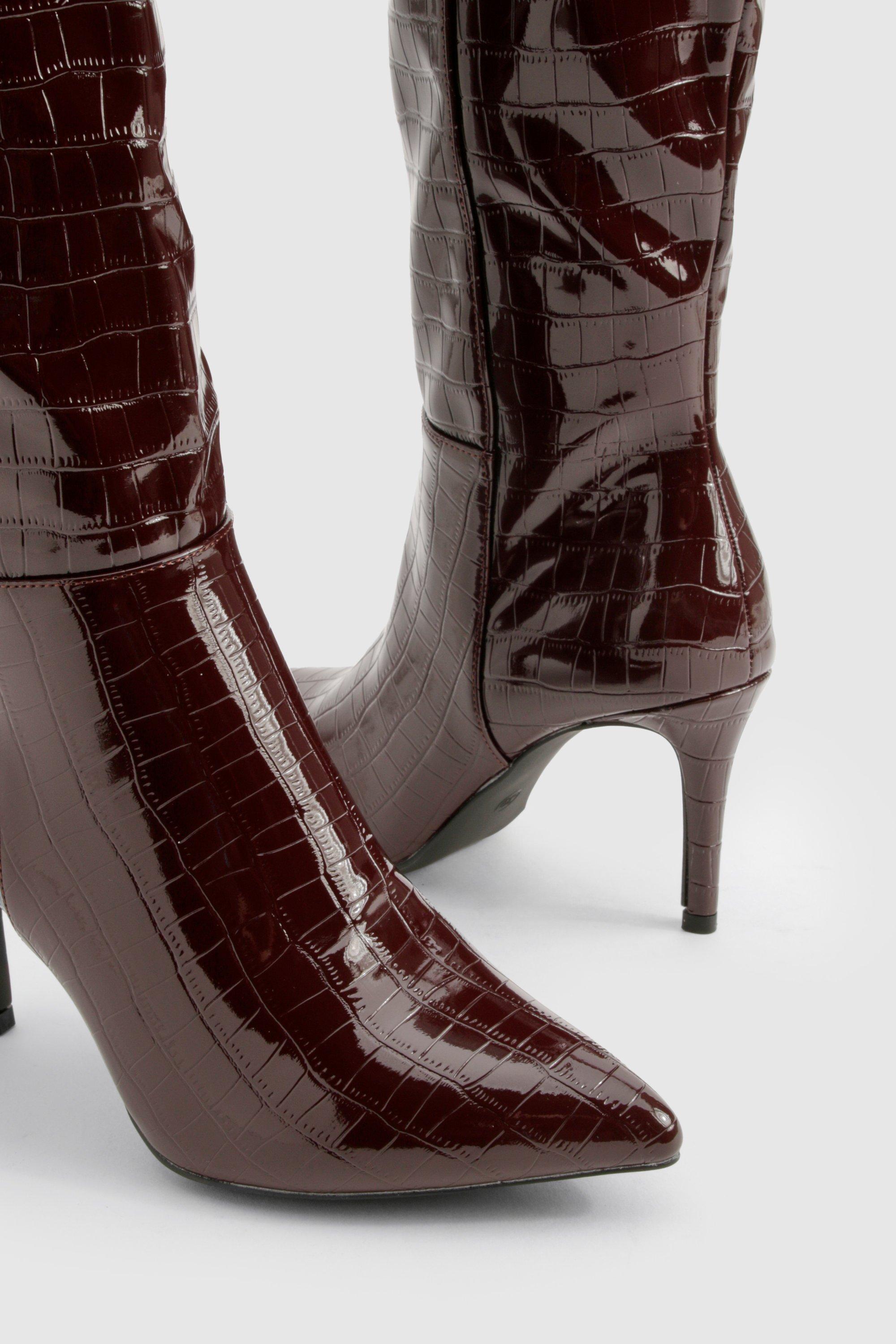 Croc Detail Knee High Stiletto Boot boohoo UK