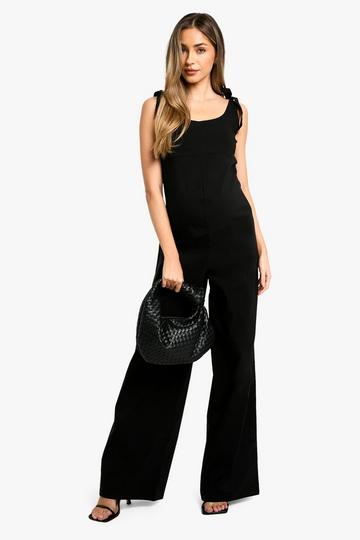 Maternity Stretch Woven Tie Shoulder Detail Scoop Neck Wide Leg Jumpsuit black