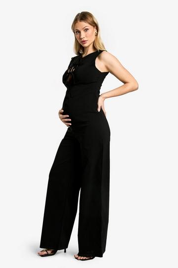 Maternity Stretch Woven Tie Front Wide Leg Jumpsuit natural black