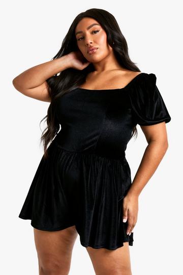 Plus Velvet Puff Sleeve Flippy Playsuit black