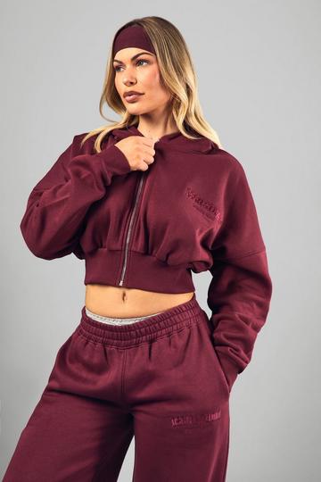 Burgundy Red Dsgn Studio Applique Boxy Crop Zip Through Hoodie