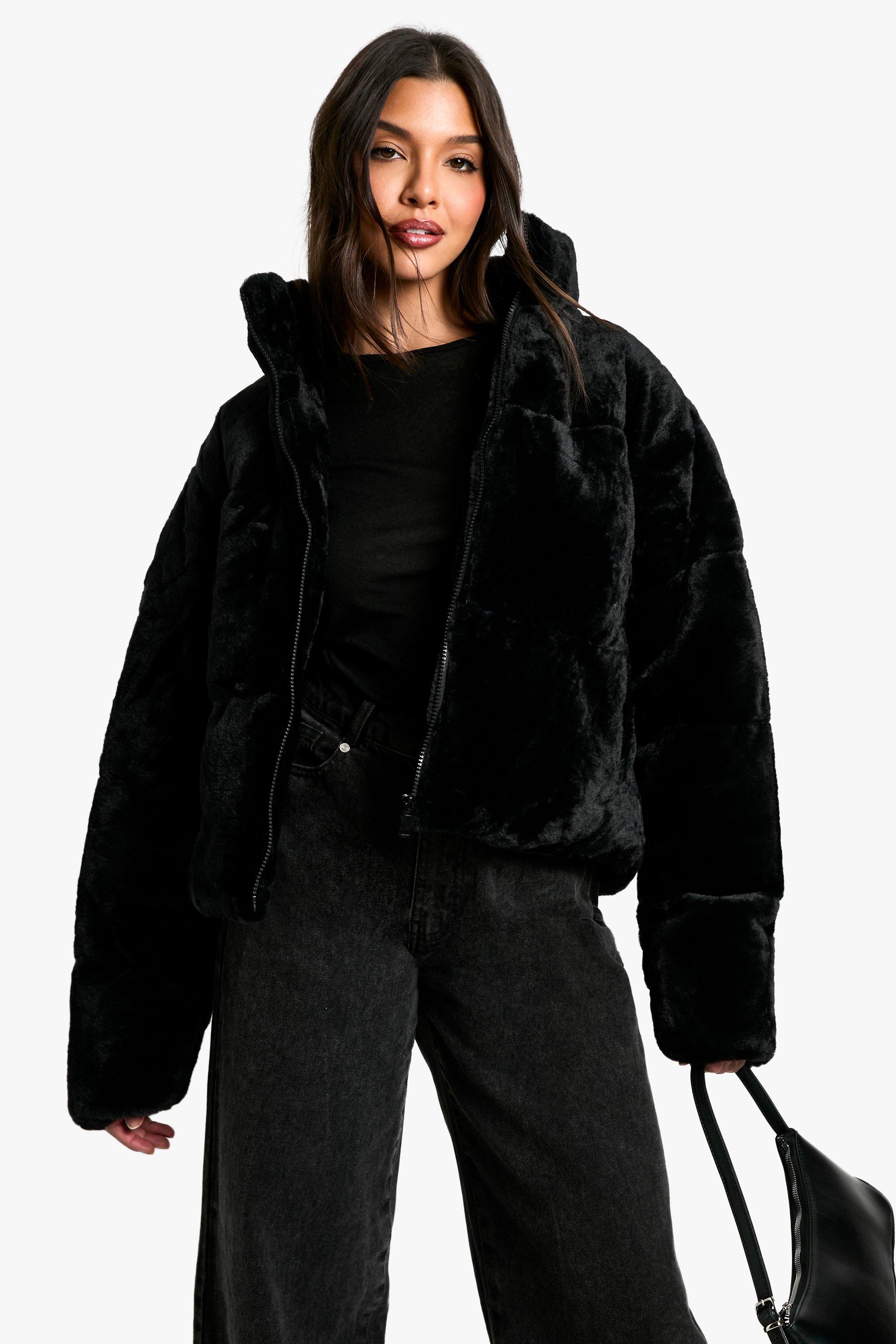 Black faux fur puffer jacket sale