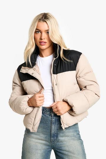 Stone Beige Contrast Puffer Jacket