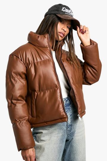 Faux Leather Puffer Jacket tan