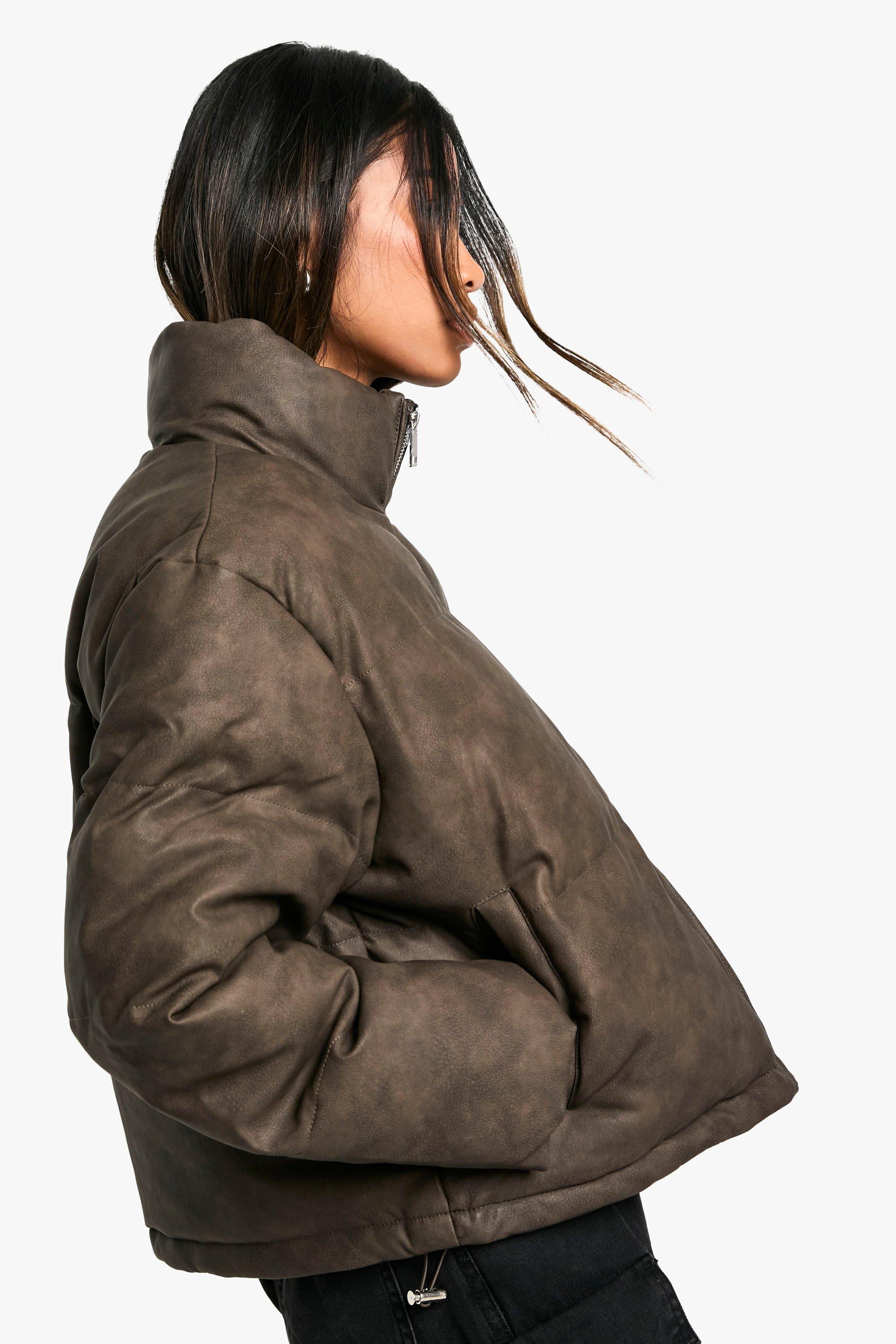Leather look puffer coat clearance
