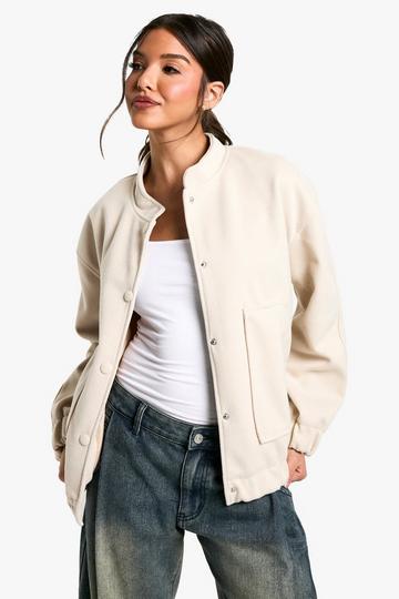 Ivory White Wool Look Bomber Jacket