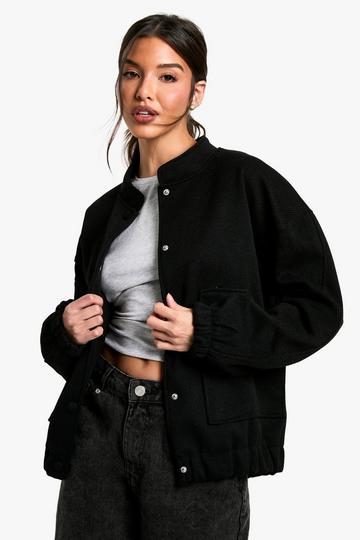 Black Wool Look Bomber Jacket