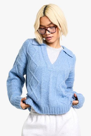 Cable Collared Knit Jumper dusty blue