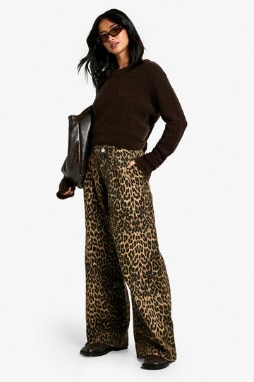 Animal Multi Petite Faded Denim Leopard Print Wide Leg Jean