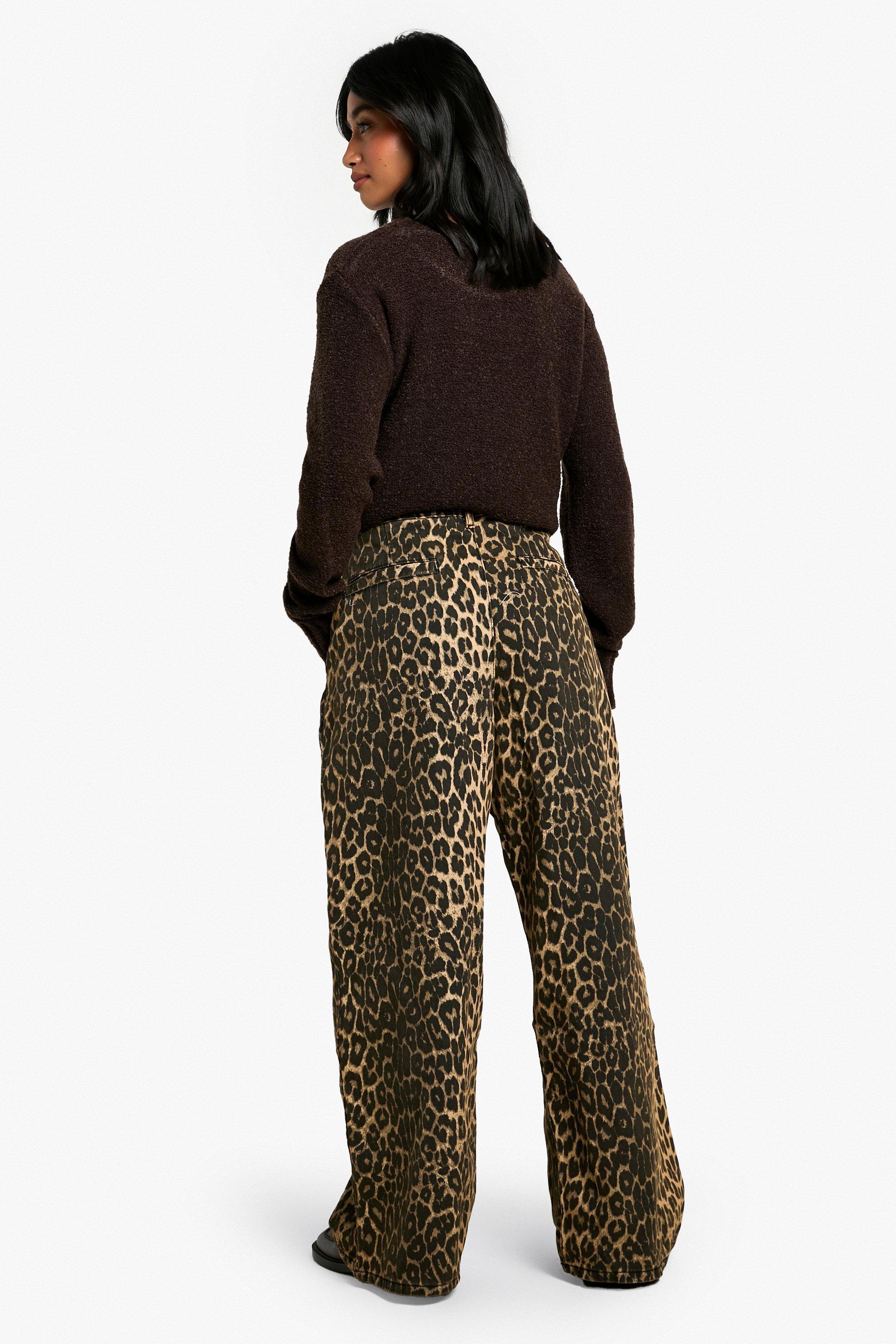 Petite Faded Denim Leopard Print Wide Leg Jean | boohoo UK