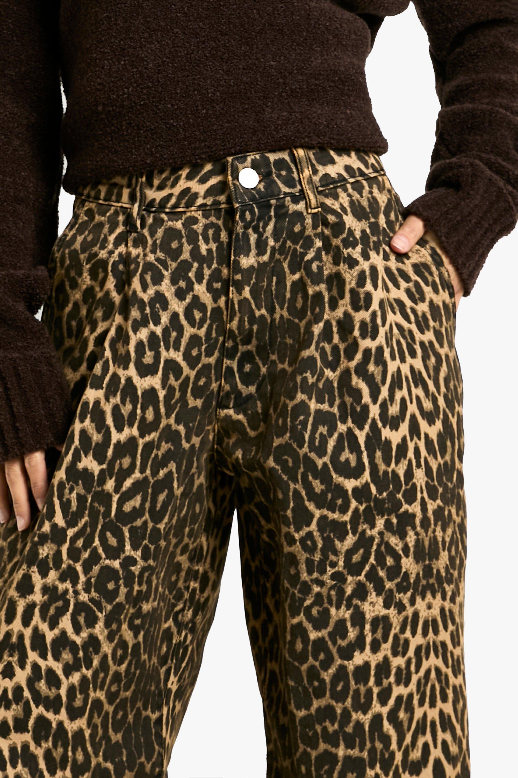 Petite Faded Denim Leopard Print Wide Leg Jean | boohoo UK