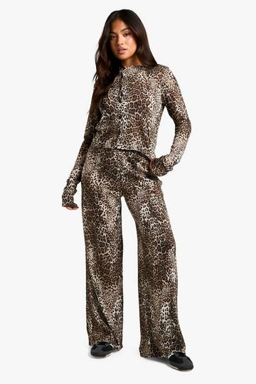 Petite Gekreukelde Luipaardprint Cardigan En Wide Leg Broek Set leopard