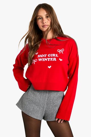 Hot Girl Winter Crop Christmas Jumper red