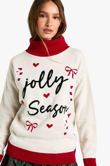 Jolly Season Roll Neck Christmas Jumper cream