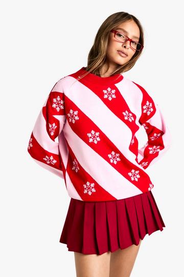 Snowflake Stripe Christmas Jumper red