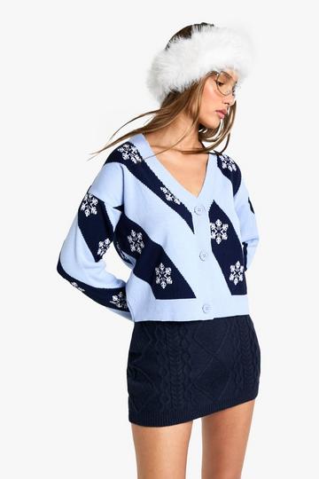 Snowflake Stripe Crop Christmas Cardigan navy