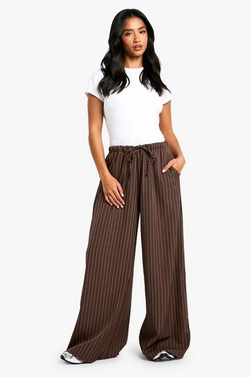 Petite Gestreepte Wide Leg Broek Met Touwtjes chocolate