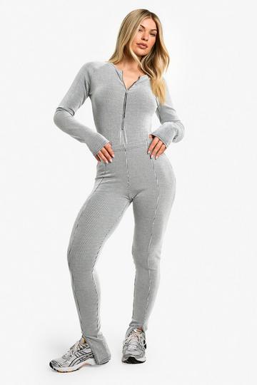 Rib Zip Front Long Sleeve Bodysuit and Split Hem Legging Set grey marl