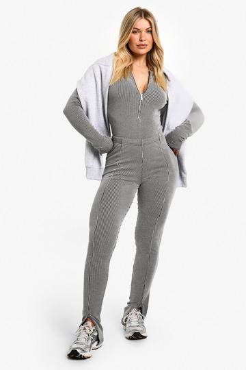 Rib Zip Front Long Sleeve Bodysuit and Split Hem Legging Set charcoal