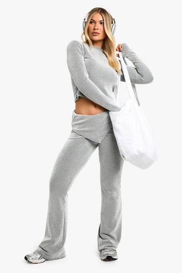 Rib Gathered Long Sleeve Top and Wide Leg Trouser Set grey marl