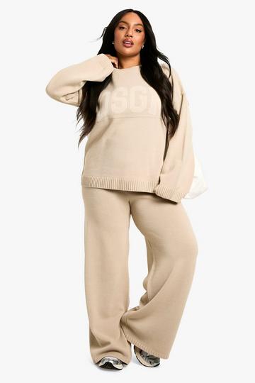 Plus Dsgn Studio Knitted Crew Neck and Wide Leg Trouser Co-ord oatmeal