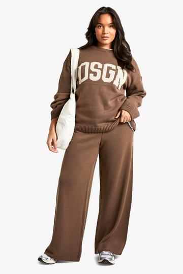 Plus Dsgn Studio Knitted Crew Neck and Wide Leg Trouser Co-ord taupe