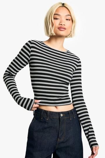 Stripe Long Sleeve Crew Neck Top black_white
