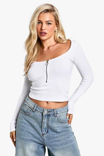 White Zip Front Rib Long Sleeve Top