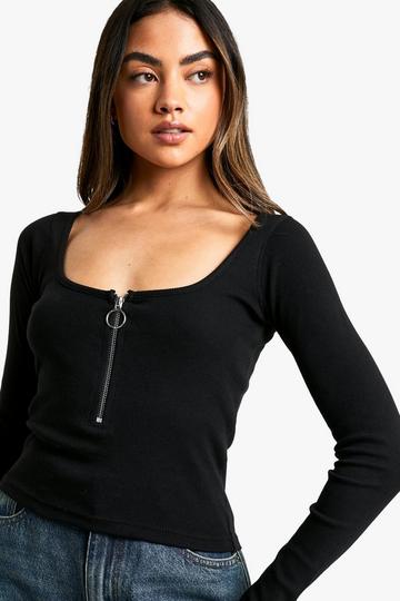 Black Zip Front Rib Long Sleeve Top