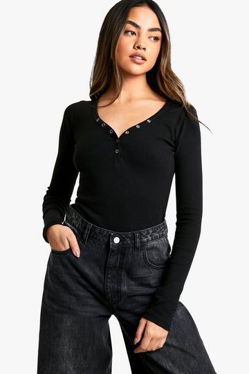 Popper Front Long Sleeve Bodysuit black