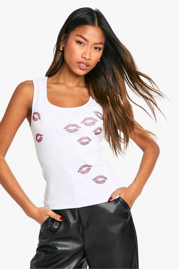 Rhinestone Kisses Rib Vest white