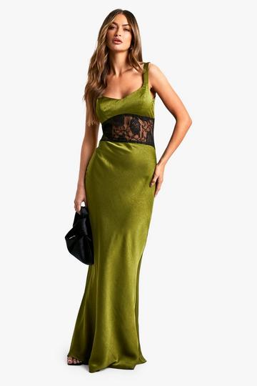 Satin Lace Column Maxi Dress green