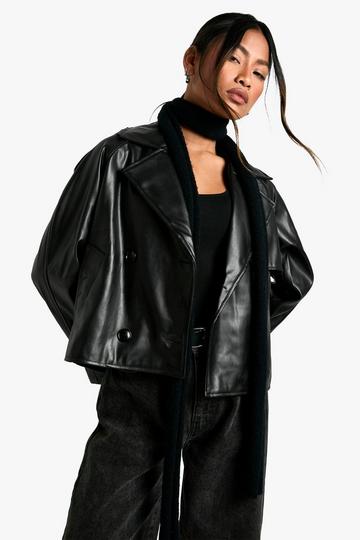 Faux Leather Short Trench Coat black