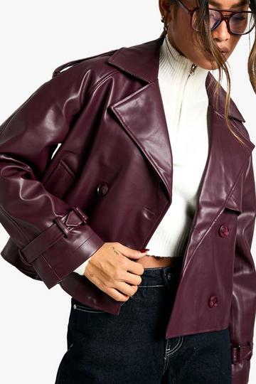 Faux Leather Short Trench Coat wine