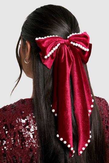 Pearl Details Velvet Oversized Bow burgundy