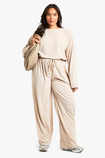 Stone Beige Plus Long Sleeve & Wide Leg Trouser Co Ord