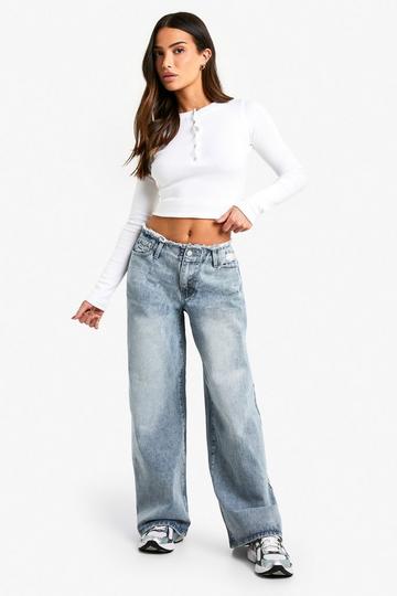 Petite Raw Waistband Wide Leg Jeans vintage blue